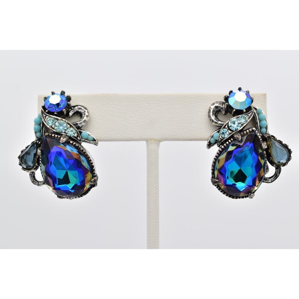 Florenza Vintage Clip On Earrings Blue Crystal Cabochon Shiny Signed 1940s BinAO